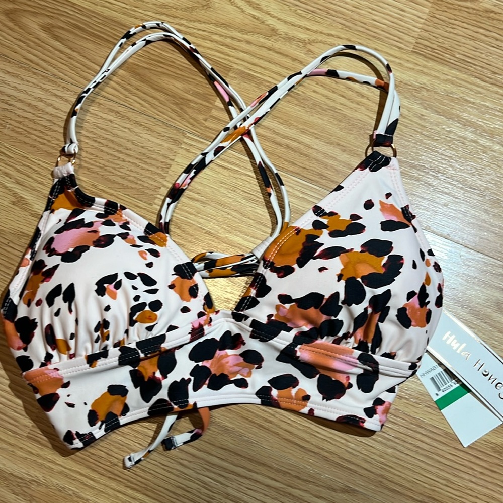 NWT HULA HONEY BAKINI TOP SZ LG. Light pink/rust/black. Animal print